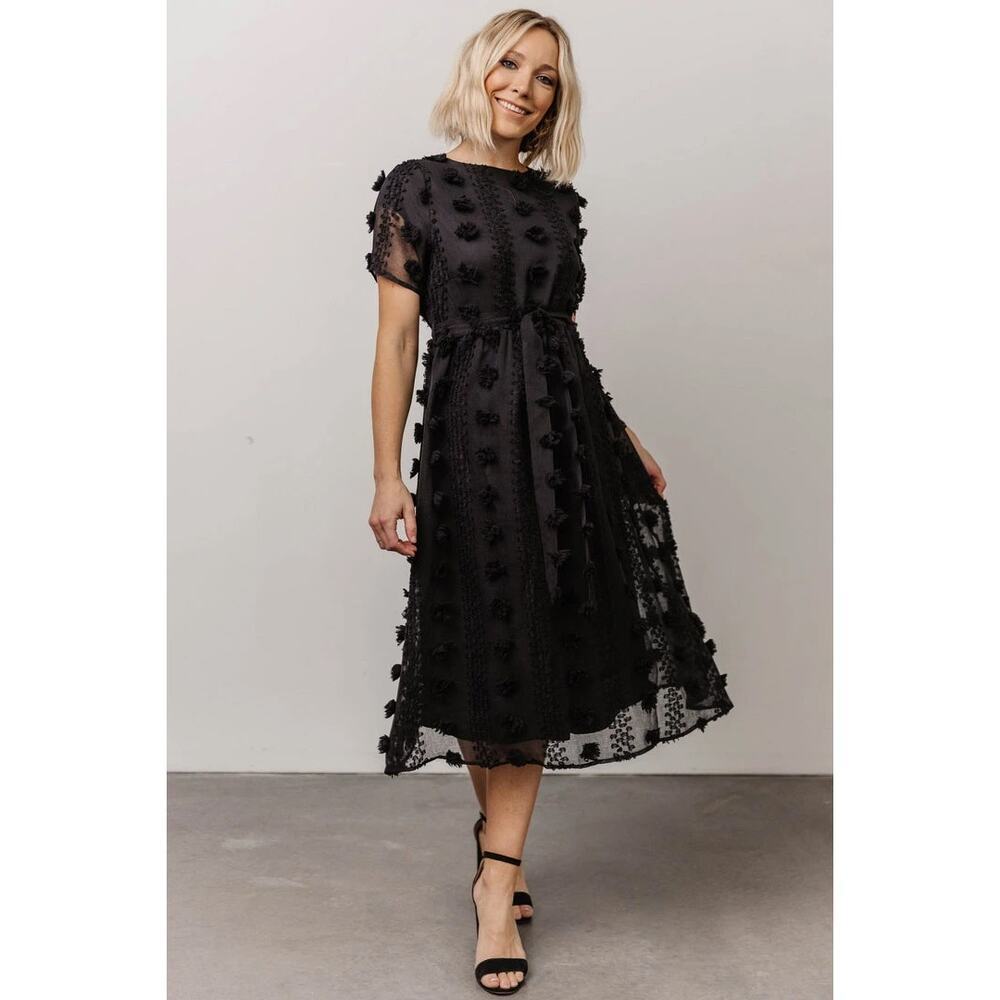 Baltic Born Black Midi Dress with Pom Pom Detail